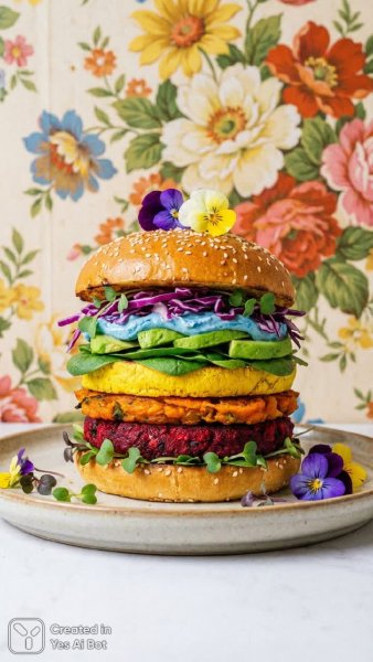 Яркий бургер на винтажном фоне с цветочным узором и радужными слоями. Картинка из нейросети Nano-Banana