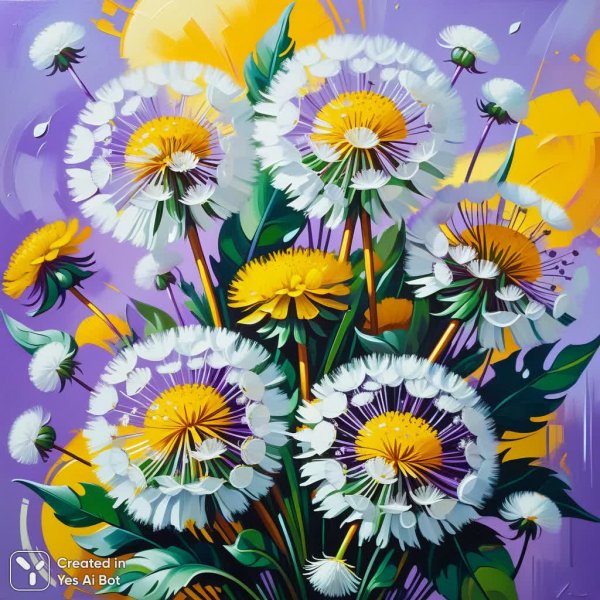 Яркий букет одуванчиков на фиолетовом фоне в стиле Сильвии Салмисту. Генерация из нейронной сети Стейбл Дифьюжен