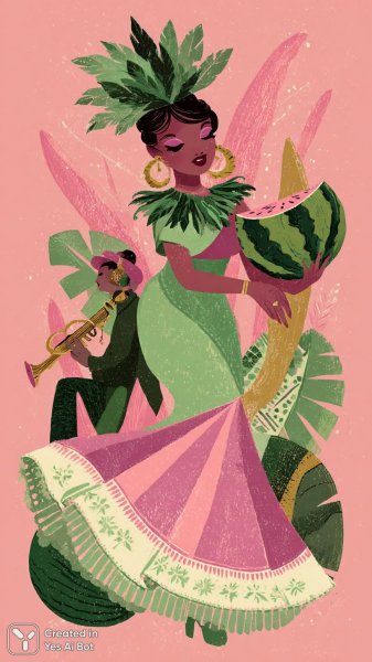 Ретро танцорка с арбузом: яркая иллюстрация в стиле пятидесятых годов. Картинка из нейронной сети Midjourney