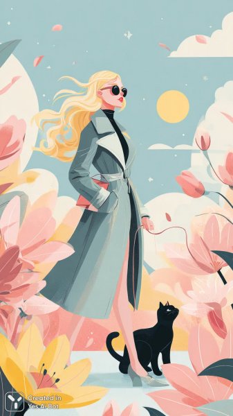 Городская элегантность: стильный образ с пушистым компаньоном в ярком абстрактном мире. Генерация из нейронной сети Миджорни