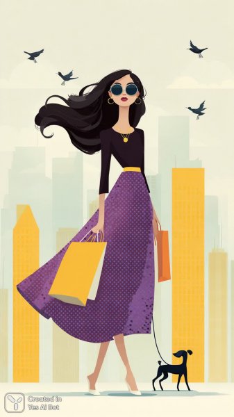 Городской стиль: женщина с собакой на фоне футуристических небоскребов. Изображение из нейросети Midjourney