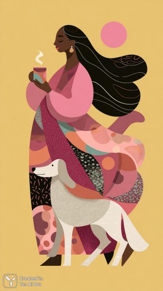 Стильный векторный минимализм с розовой шляпой и кофе. Картинка из нейронной сети Midjourney