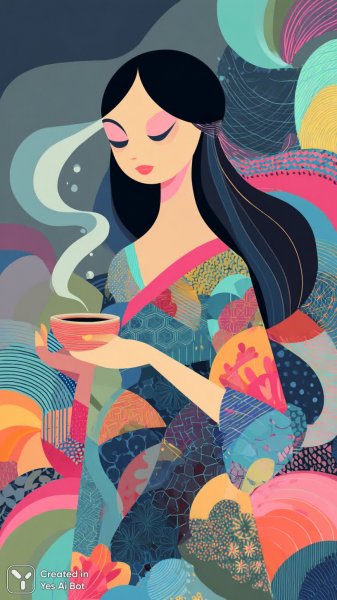 Яркая абстракция: девушка с розовой кожей и кофе в стиле Кирстен Ульве. Нейросеть Midjourney