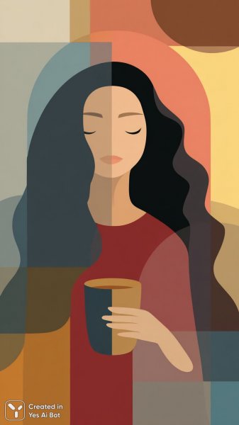 Девушка с кофейным утром в ярком минимализме. Изображение из нейросети Midjourney