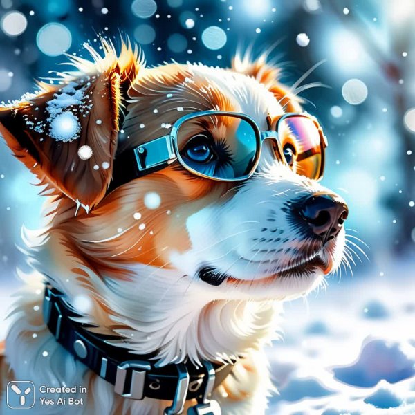Забавный щенок зимой: нежная акварель и пушистый снег на носу. Изображение из нейросети Stable Diffusion