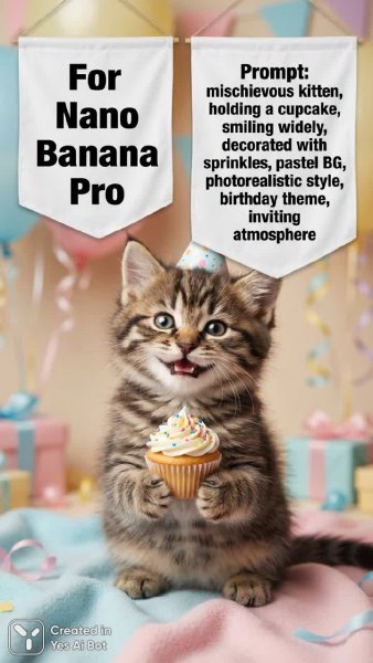 Милый котенок с праздничным сюрпризом на день рождения. Нейронная сеть Nano-Banana