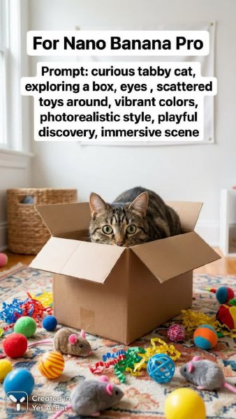 Загадочный котёнок в коробке: игра и исследование мира вокруг. Генерация из нейросети Нано Банана