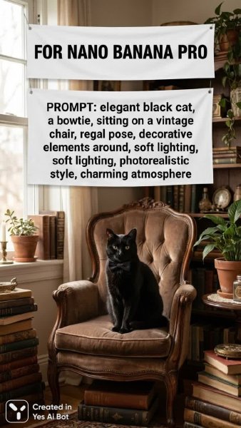 Черный кот в стиле фотореализма: элегантность и шарм эпохи ретро. Картинка из нейросети NanoBanana