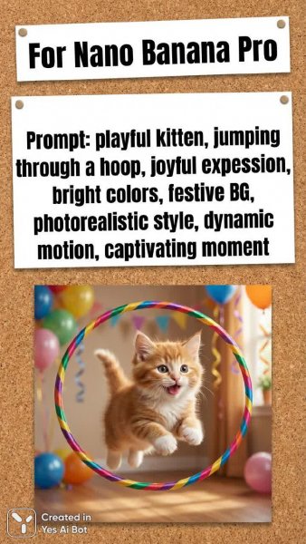 Игривый котенок: фотореалистичный прыжок через обруч в праздничной атмосфере. Картинка из нейросети Нано Банана