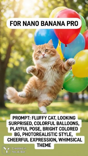 Забавный кот и яркие шары: фотореалистичный сюрреализм для Nano Banana Pro. Генерация из нейронной сети Nano-Banana