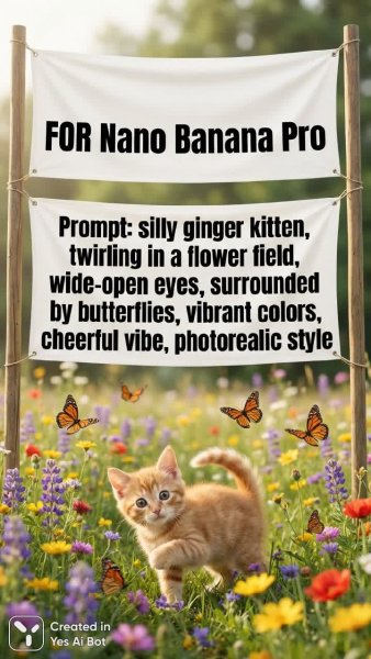 Игривый котенок в цветущем поле: фотореалистичная радость и бабочки. Нейросеть Nano Banana