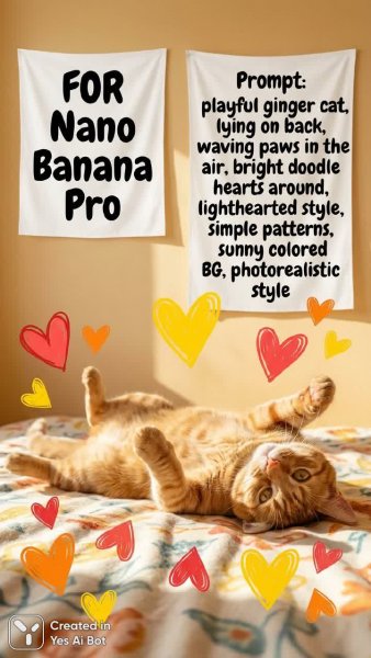 Игривый котик: радость и сердечки в солнечном стиле. Генерация из нейронной сети NanoBanana