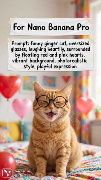 Весёлый рыжий кот в очках и сердечках: фотореалистичный шедевр. Генерация из нейронной сети NanoBanana