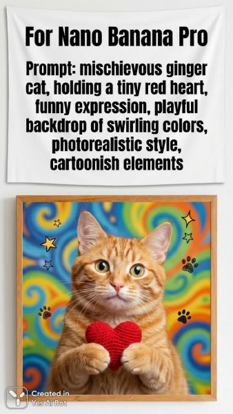 Озорной кот с сердечком: фотореализм и мультяшность. Картинка из нейросети Nano Banana