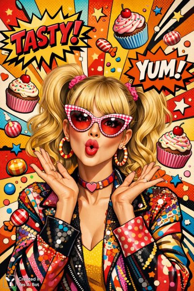 Яркий поп-арт с девушкой и конфетами: комичный стиль для Nano Banana Pro. Изображение из нейронной сети Sora Images