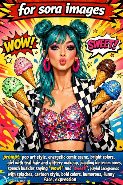 Яркий комикс: Девушка с мороженым и забавные пузыри речи. Нейронная сеть Sora images Ai