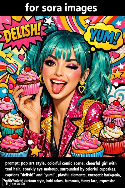 Яркий поп-арт с девушкой и капкейками: веселое настроение и смешные выражения. Генерация из нейросети Sora images Ai