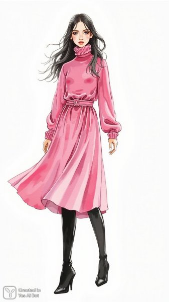 Нежный силуэт: акварельный набросок моды в розовом платье и сапогах. Изображение из нейронной сети Flux.1