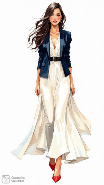 Элегантный образ: синий блейзер и струящееся платье в стиле модерн. Генерация из нейросети Flux Ai