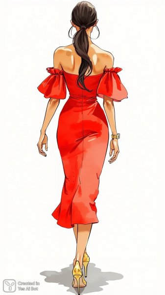 Элегантность в акварели: красный образ с воздушными рукавами и золотыми каблуками. Изображение из нейросети Flux 1