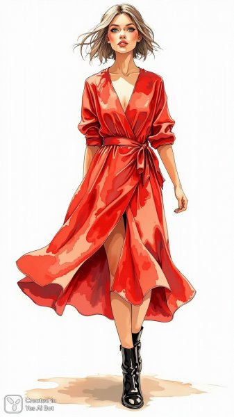 Элегантность в красном: акварельный портрет уверенной женщины. Картинка из нейронной сети Flux