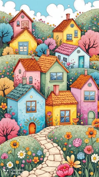 Заколдованный холм: милые домики в стиле наивного искусства и зентангла. Нейронная сеть Flux