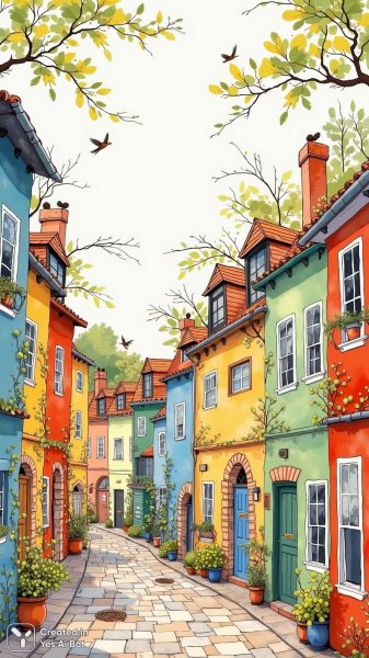 Яркая улица сказочных домиков акварелью. Картинка из нейронной сети Flux Ai