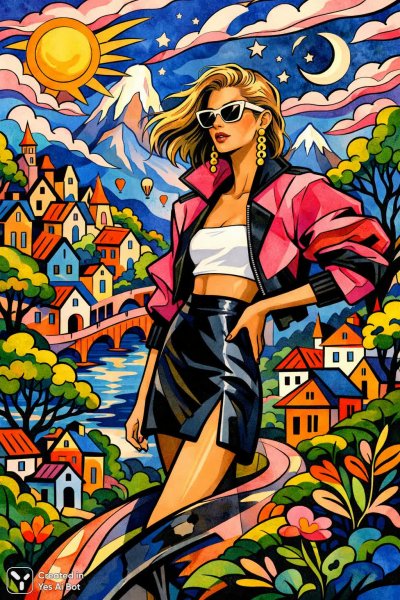 Яркий город в стиле фэнтези: оживленная картина с домами и деревьями. Генерация из нейросети Sora Ai Images