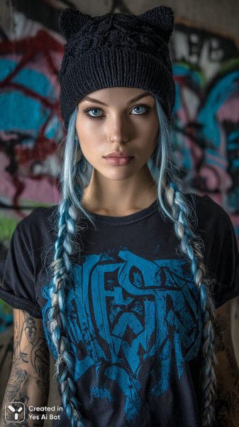 Девушка с голубыми косами и татуировками в стиле граффити арт. Картинка из нейронной сети Миджорни