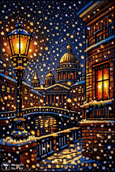 Зимний вечер в Петербурге: красочная ASCII-иллюстрация с теплом и волшебством. Изображение из нейронной сети Sora