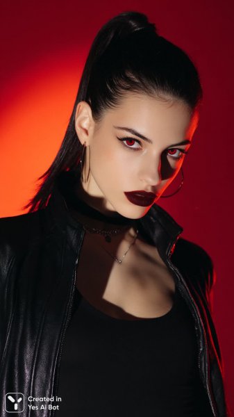 Яркая эмо-девушка с алыми глазами и дерзким взглядом в стиле аниме. Нейросеть Миджорни