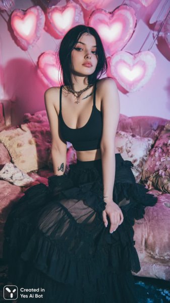 Готская красотка в розовом мире сердец и черных теней. Генерация из нейросети Midjourney