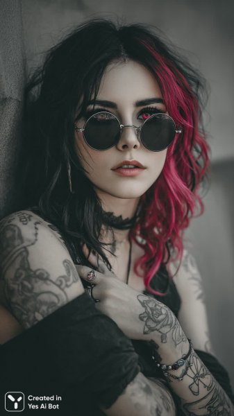 Яркая эмо-девочка в стиле аниме с необычным окрасом волос и дерзким взглядом. Генерация из нейронной сети Midjourney