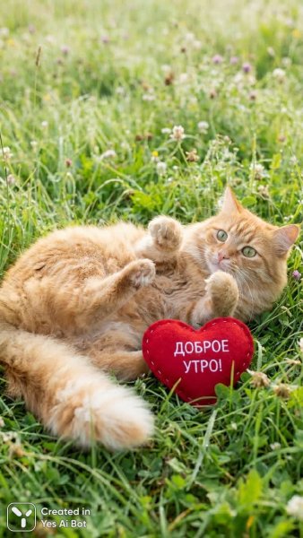 Нежный рыжий кот: утреннее настроение и игривое веселье на зеленой лужайке. Нейронная сеть Nano-Banana