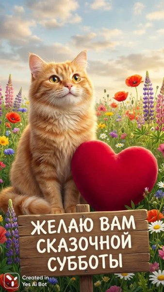 Оранжевый кот с любовью и субботним настроением. Картинка из нейронной сети NanoBanana