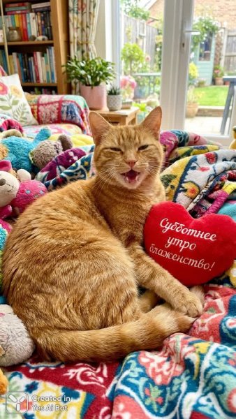 Игривый рыжий кот и субботнее утреннее счастье. Изображение из нейросети Nano Banana