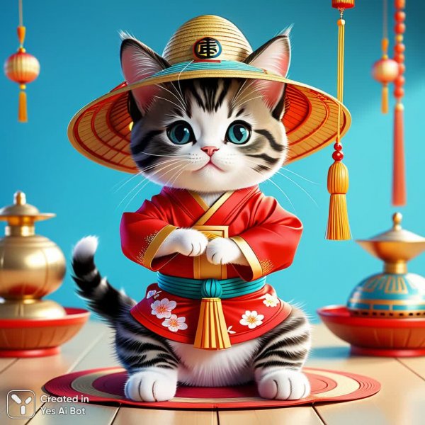 Котик-йог в китайском наряде и соломенной шляпе. Картинка из нейронной сети Stable Diffusion