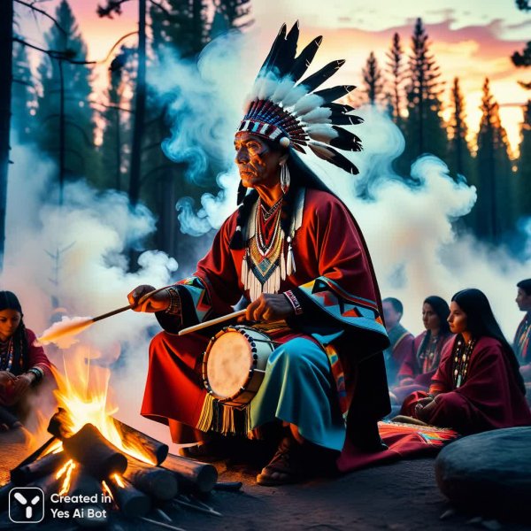 Древний ритуал в северном лесу: шаман и женщины племени. Картинка из нейронной сети Stable Diffusion