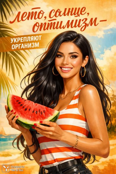 Летнее настроение: арбуз, солнце и позитив для крепкого здоровья. Изображение из нейросети Sora Images