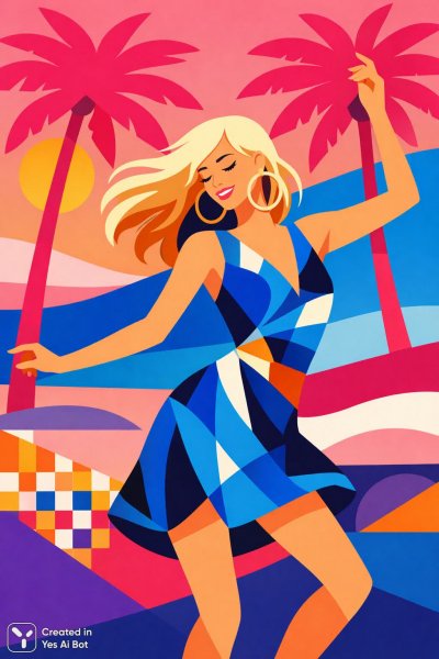 Танцующая девушка в абстрактном платье под розовыми пальмами: яркая векторная иллюстрация современного стиля. Изображение из нейросети Sora