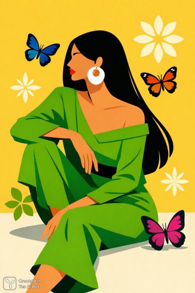 Яркая женщина в зеленом: красота и гармония природы. Изображение из нейронной сети Sora Images