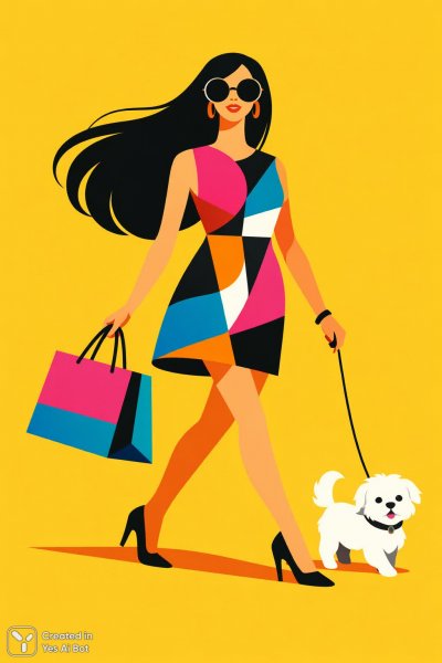 Модный городской образ: женщина с собакой в ярком стиле. Нейронная сеть Sora Images