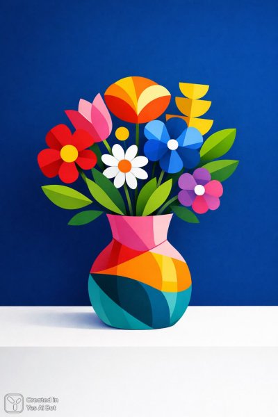 Геометрическая ваза с яркими цветами в стиле минимализм. Изображение из нейросети Sora images Ai