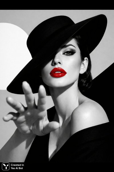 Элегантность в черно-белом: взгляд сквозь широкополую шляпу и алая помада. Картинка из нейронной сети Sora Image