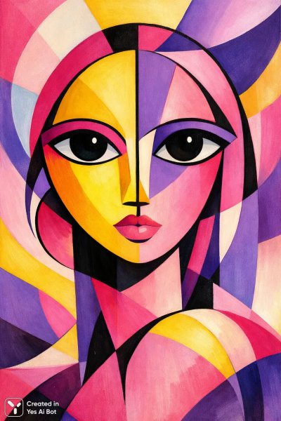 Яркое лицо в стиле кубизма: абстракция с геометрией и цветом. Изображение из нейронной сети Sora Images