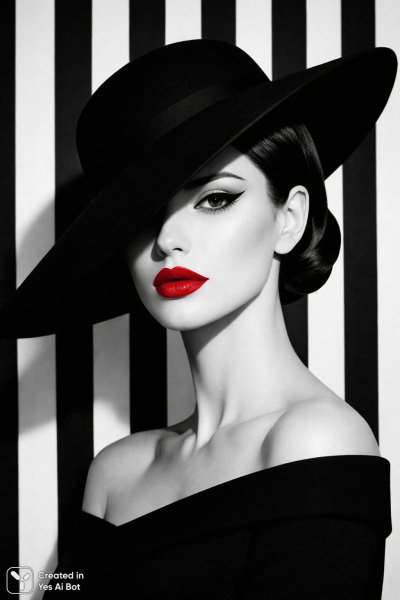 Элегантность в черно-белом минимализме и ярких губах. Изображение из нейронной сети Sora images Ai