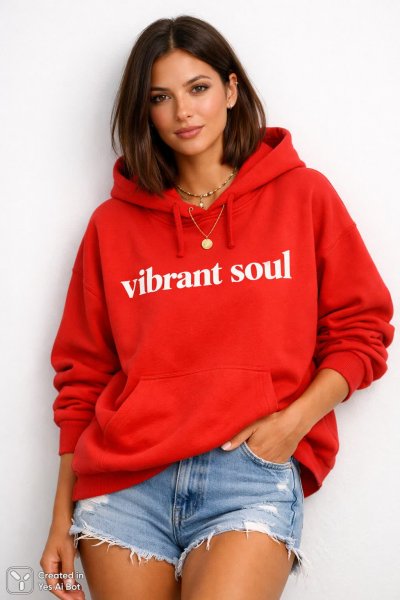 Яркий образ: стильная девушка в красном худи и джинсовых шортах на фоне чистого белого цвета. Нейронная сеть Sora images Ai