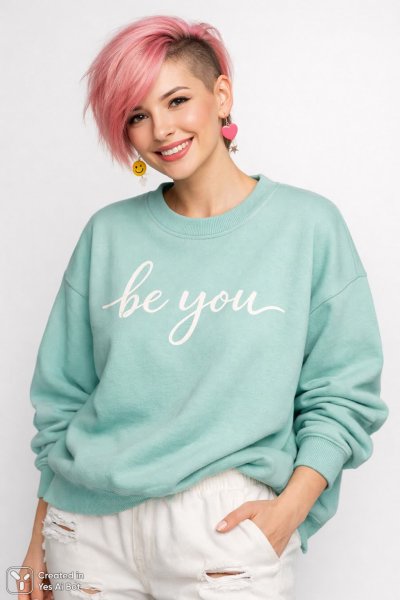 Портрет в стиле casual: девчонка с розовыми прядями и надписью Be You. Изображение из нейронной сети Sora images Ai