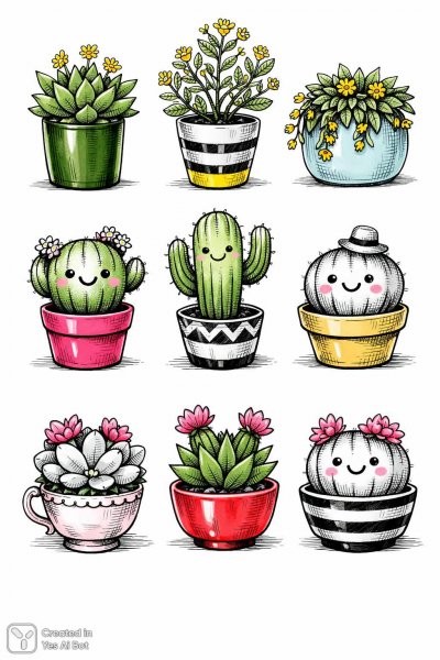 Забавные суккуленты в ярких горшках: милый калейдоскоп растений. Нейронная сеть Sora Image