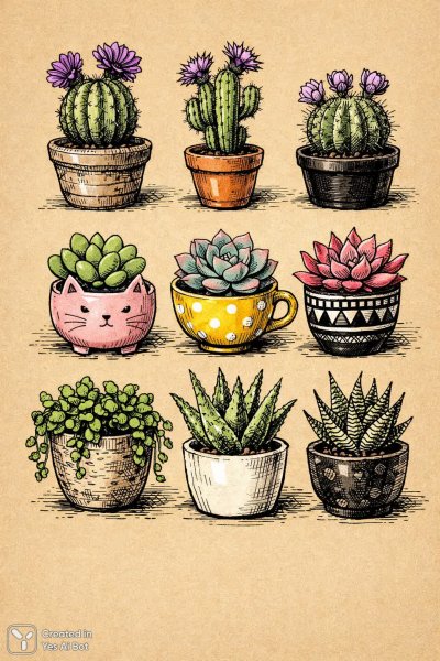 Девять кактусов в горшках: фантастическая композиция суккулентов. Нейросеть Sora Image